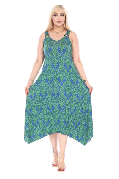 Melsay Butik Yeşil Dantel Desen Askılı V Yaka Elbise - 3
