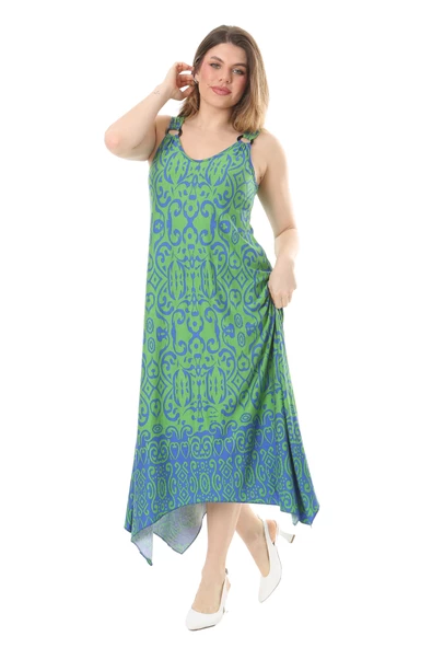 Melsay Butik Yeşil Mavi Kilim Desen Askılı V Yaka Elbise - Resim 3