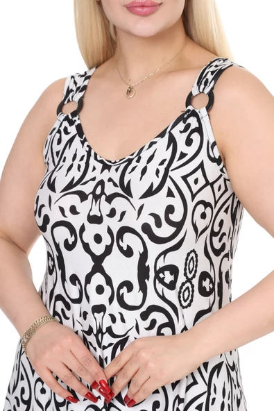 Melsay Butik Beyaz Siyah Kilim Desen Askılı V Yaka Elbise - Resim 6