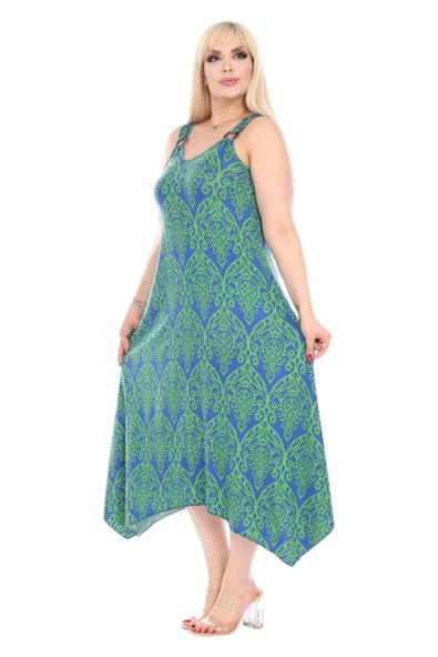 Melsay Butik Yeşil Dantel Desen Askılı V Yaka Elbise - 2