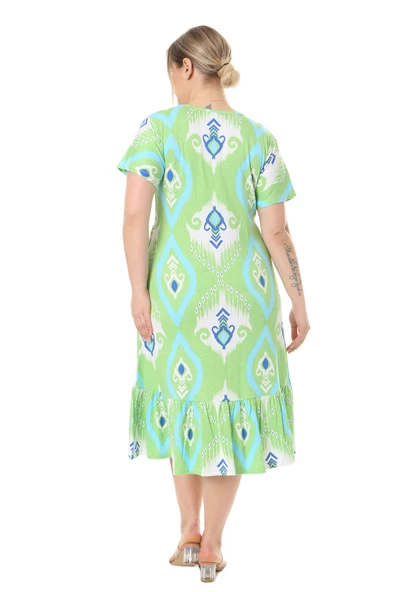 Melsay Butik Göğüsten Robalı V Yaka Kısa Kollu Yeşil Motif Desenli Cepli Elbise - 6