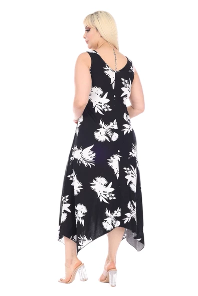 Melsay Butik Siyah Beyaz Yaprak Desen Askılı V Yaka Elbise - 5