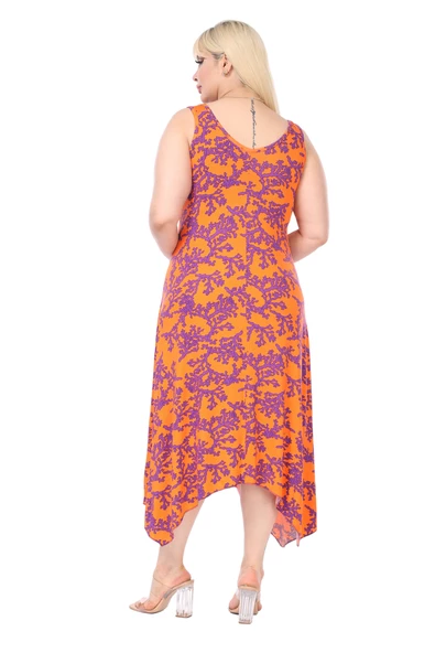 Melsay Butik Turuncu Mor Mercan Desen Askılı V Yaka Elbise - Resim 4