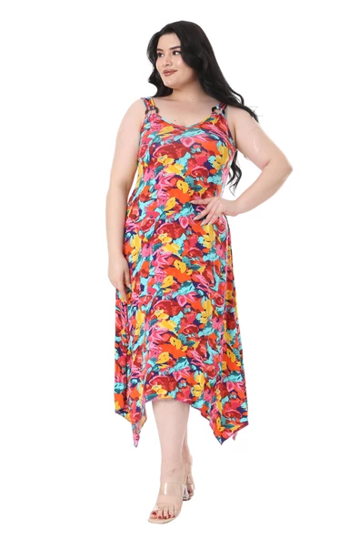 Melsay Butik Sarı Gül Desenli Askılı V Yaka Elbise - Resim 5