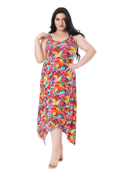 Melsay Butik Sarı Gül Desenli Askılı V Yaka Elbise - Resim 3