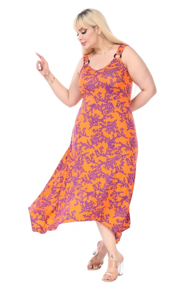 Melsay Butik Turuncu Mor Mercan Desen Askılı V Yaka Elbise - Resim 3