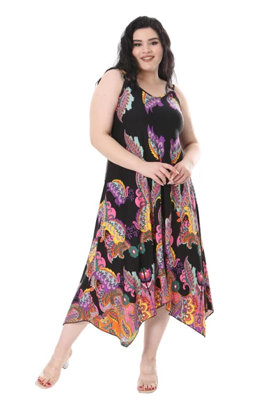 Melsay Butik Siyah Renkli Şal Desenli Askılı V Yaka Elbise - Resim 4