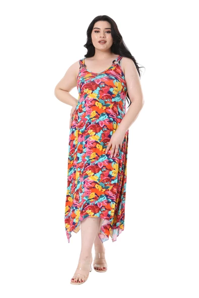 Melsay Butik Sarı Gül Desenli Askılı V Yaka Elbise - Resim 2