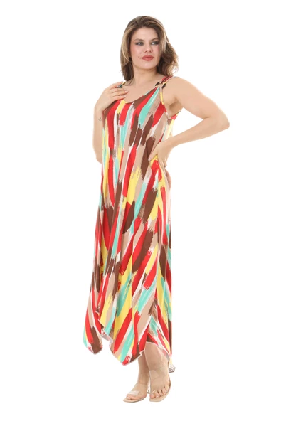 Melsay Butik Sarı Yağlıboya Desen Askılı V Yaka Elbise - Resim 3