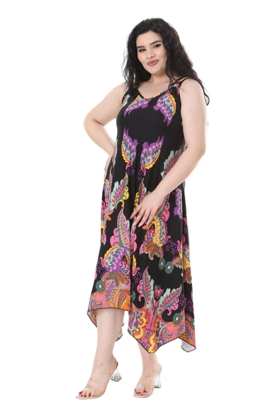 Melsay Butik Siyah Renkli Şal Desenli Askılı V Yaka Elbise - Resim 2