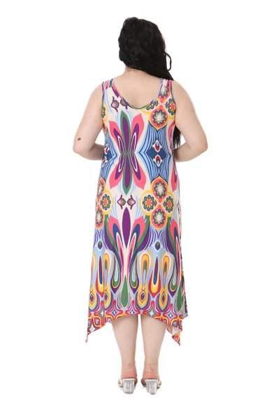 Melsay Butik Ekru Mavi Desenli Askılı V Yaka Elbise - Resim 6