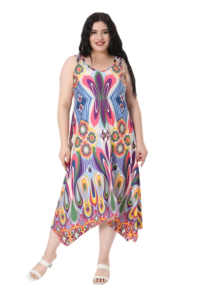 Melsay Butik Ekru Mavi Desenli Askılı V Yaka Elbise - Resim 4