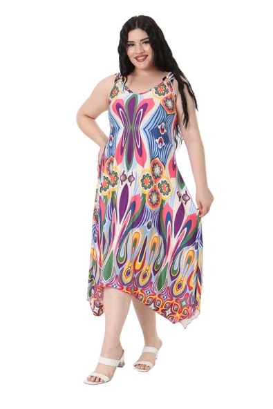 Melsay Butik Ekru Mavi Desenli Askılı V Yaka Elbise - Resim 5