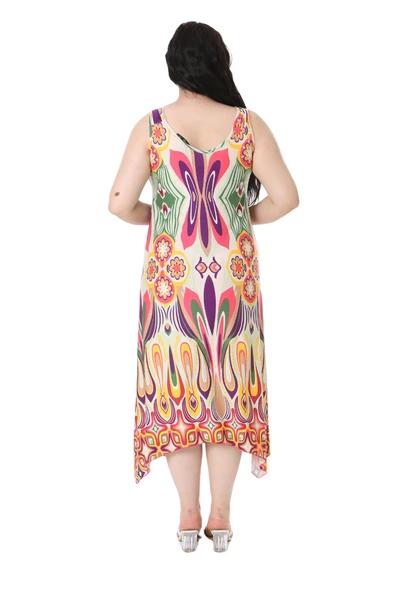 Melsay Butik Ekru Yeşil Desenli Askılı V Yaka Elbise - 6