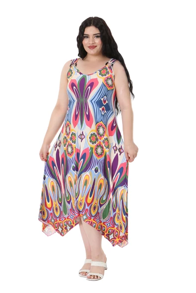 Melsay Butik Ekru Mavi Desenli Askılı V Yaka Elbise - Resim 2