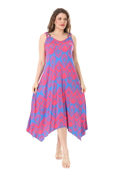 Melsay Butik Pembe Mavi Baklava Desen Askılı V Yaka Elbise - 2
