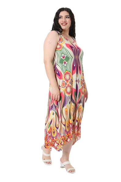 Melsay Butik Ekru Yeşil Desenli Askılı V Yaka Elbise - 2