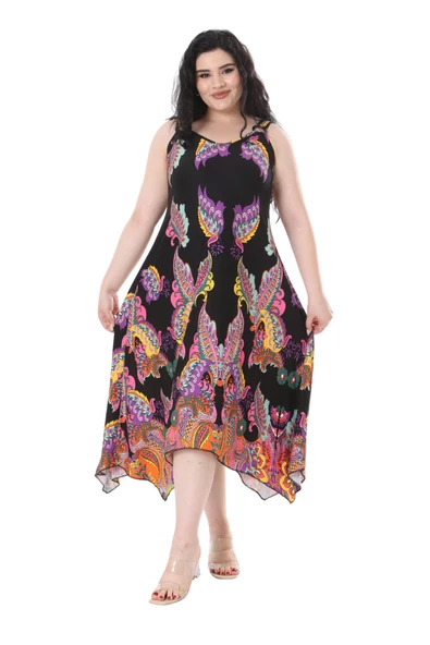 Melsay Butik Siyah Renkli Şal Desenli Askılı V Yaka Elbise - Resim 5