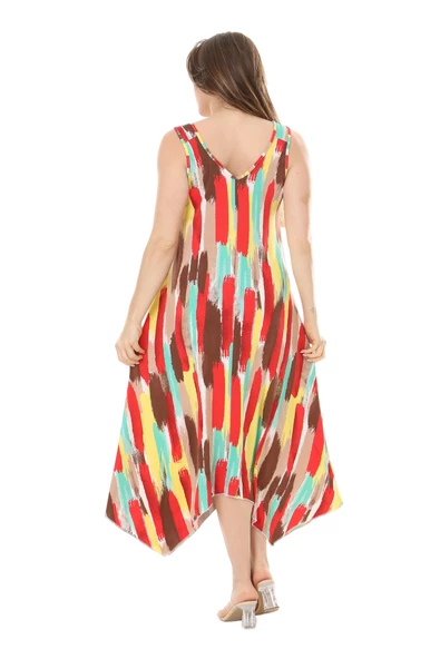 Melsay Butik Sarı Yağlıboya Desen Askılı V Yaka Elbise - Resim 6