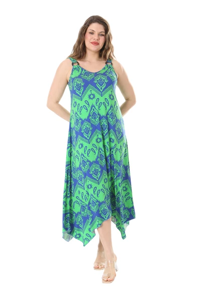 Melsay Butik Yeşil Mavi Baklava Desen Askılı V Yaka Elbise - 4