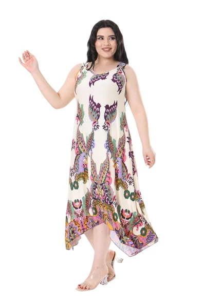 Melsay Butik Ekru Renkli Şal Desenli Askılı V Yaka Elbise - Resim 3