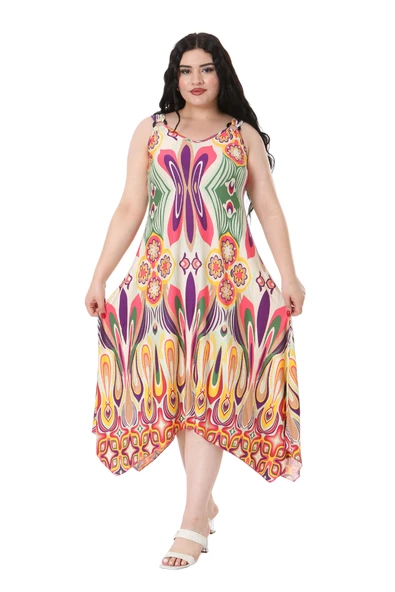 Melsay Butik Ekru Yeşil Desenli Askılı V Yaka Elbise - 3