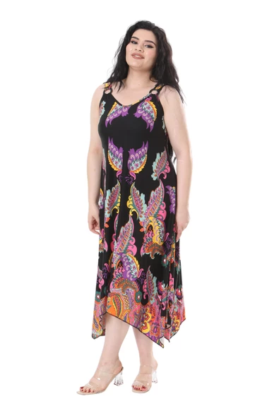 Melsay Butik Siyah Renkli Şal Desenli Askılı V Yaka Elbise - Resim 3