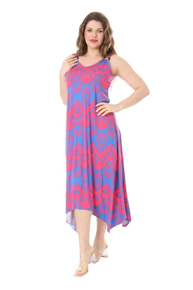 Melsay Butik Pembe Mavi Baklava Desen Askılı V Yaka Elbise - 3