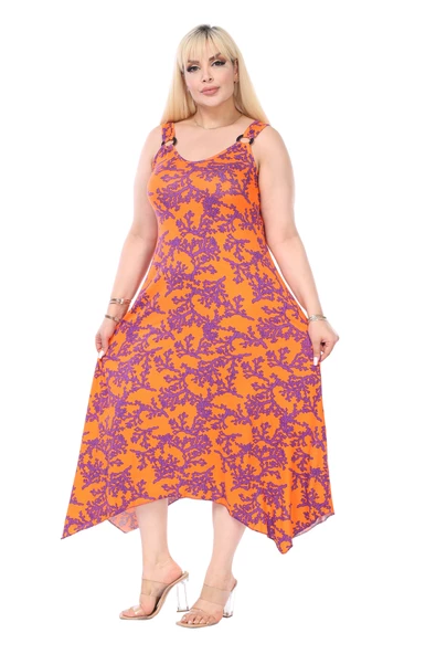 Melsay Butik Turuncu Mor Mercan Desen Askılı V Yaka Elbise - Resim 5