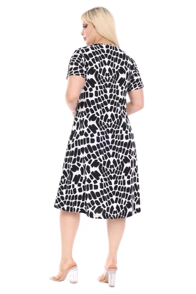 Melsay Butik Beyaz Taş Desen Kısa Kollu Büyük Beden Midi Elbise - Resim 4