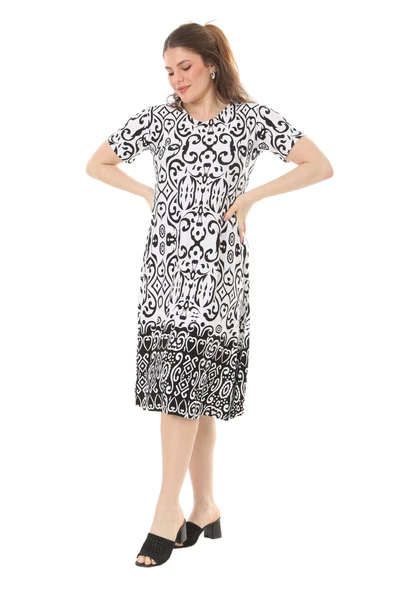 Melsay Butik Beyaz Kilim Desen Kısa Kollu Büyük Beden Midi Elbise - Resim 2