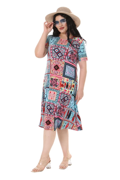 Melsay Butik Mavi Çini Desen Kısa Kollu Büyük Beden Midi Elbise - 4