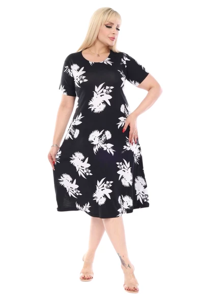 Melsay Butik Siyah Beyaz Yaprak Desen Kısa Kollu Büyük Beden Midi Elbise - Resim 2