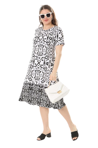 Melsay Butik Beyaz Kilim Desen Kısa Kollu Büyük Beden Midi Elbise - Resim 4