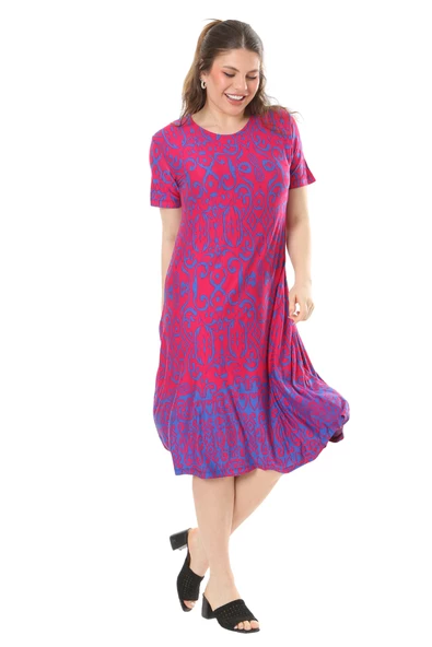 Melsay Butik Pembe Kilim Desen Kısa Kollu Büyük Beden Midi Elbise - Resim 3