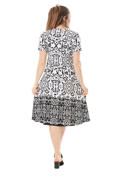 Melsay Butik Beyaz Kilim Desen Kısa Kollu Büyük Beden Midi Elbise - Resim 6