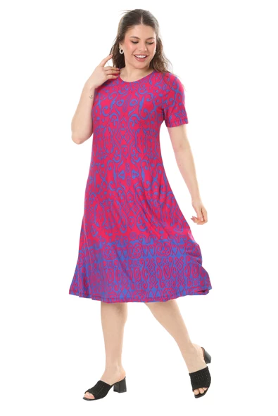 Melsay Butik Pembe Kilim Desen Kısa Kollu Büyük Beden Midi Elbise - Resim 5