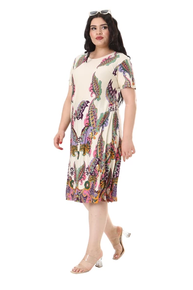 Melsay Butik Ekru Şal Desen Kısa Kollu Büyük Beden Midi Elbise - 2