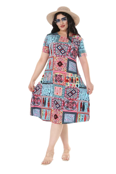 Melsay Butik Mavi Çini Desen Kısa Kollu Büyük Beden Midi Elbise - 3
