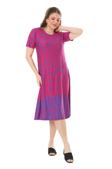 Melsay Butik Pembe Kilim Desen Kısa Kollu Büyük Beden Midi Elbise - Resim 2