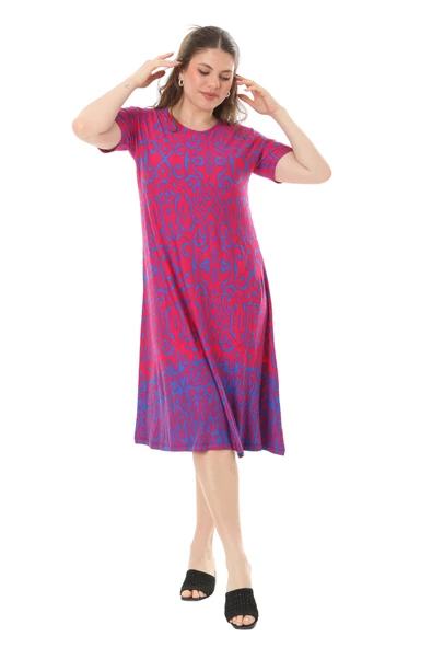 Melsay Butik Pembe Kilim Desen Kısa Kollu Büyük Beden Midi Elbise - Resim 6