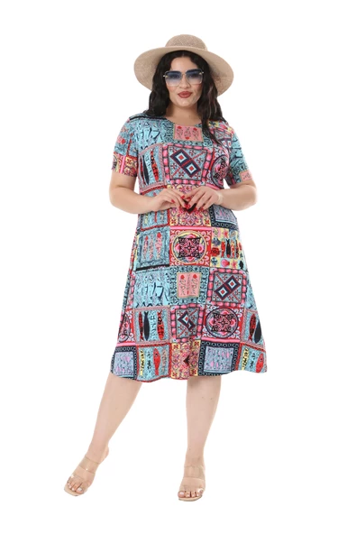 Melsay Butik Mavi Çini Desen Kısa Kollu Büyük Beden Midi Elbise - 2
