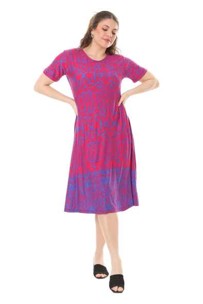 Melsay Butik Pembe Kilim Desen Kısa Kollu Büyük Beden Midi Elbise - Resim 4