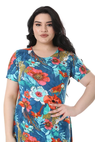 Melsay Butik Mavi Afrika Desen Kısa Kollu Midi Elbise - Resim 5