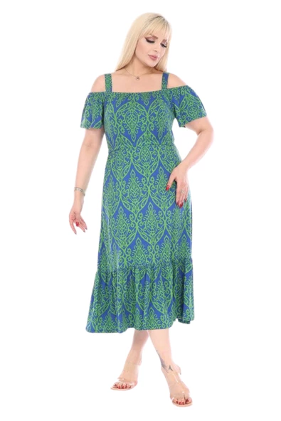 Melsay Butik Yeşil Dantel Desen Madonna Yaka Askılı Midi Elbise - 3