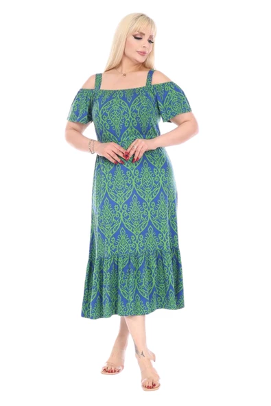 Melsay Butik Yeşil Dantel Desen Madonna Yaka Askılı Midi Elbise - 2
