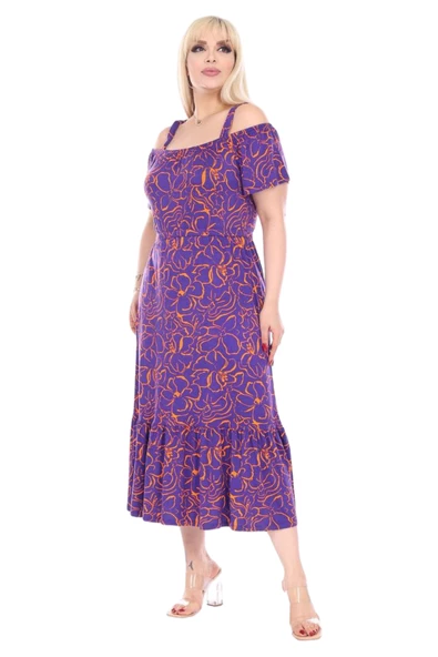 Melsay Mor Çiçek Desen Madonna Yaka Askılı Midi Elbise - Resim 2