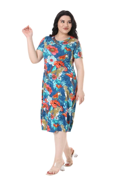 Melsay Butik Mavi Afrika Desen Kısa Kollu Midi Elbise - Resim 4