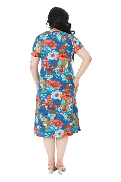 Melsay Butik Mavi Afrika Desen Kısa Kollu Midi Elbise - Resim 6
