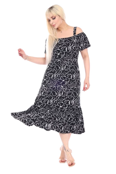 Melsay Siyah Çiçek Desen Madonna Yaka Askılı Midi Elbise ürün görseli